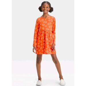 Cat & Jack Pumpkin Print Long Sleeve Dress Large 10/12 Orange Thanksgiving